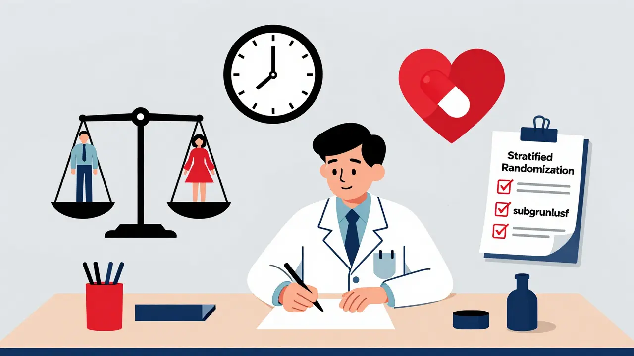 Scienziato che progetta studi di bioequivalenza con icone geometriche che rappresentano equità di genere e età.