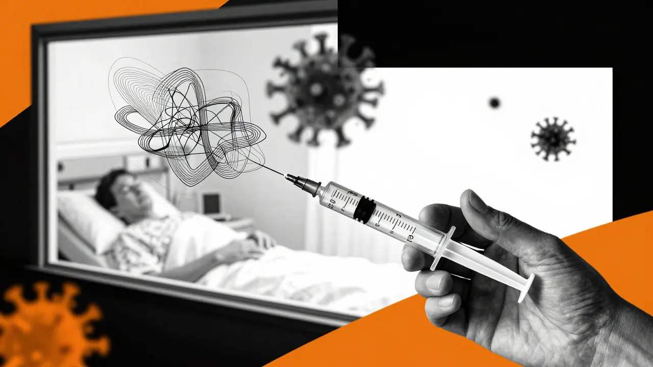 Siringa che blocca vie immunitarie con pattern geometrici, ombre nascoste, stile Bauhaus.