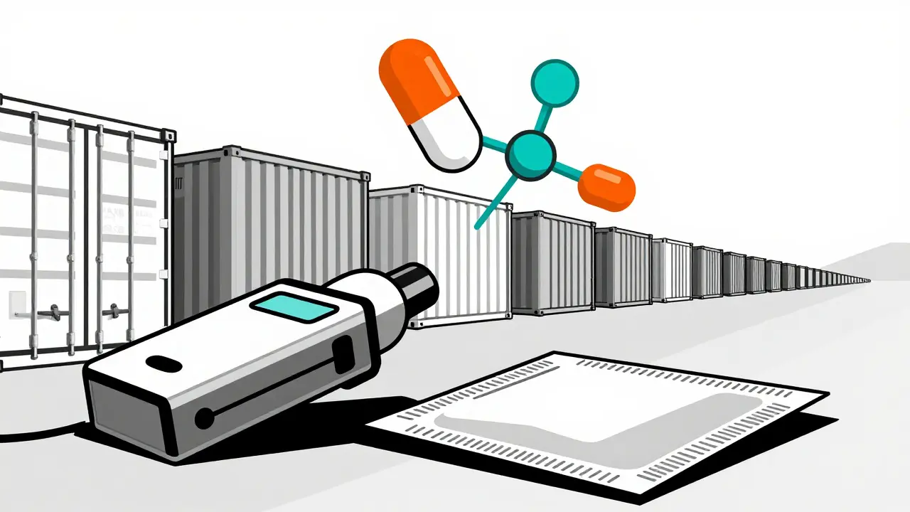 Spettroscopio che analizza una compressa mentre strutture molecolari fluttuano sopra di essa.