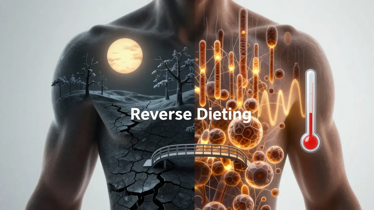 Torace diviso: lato sinistro spento e gelido, lato destro attivo e caldo, collegato da un ponte chiamato Reverse Dieting.
