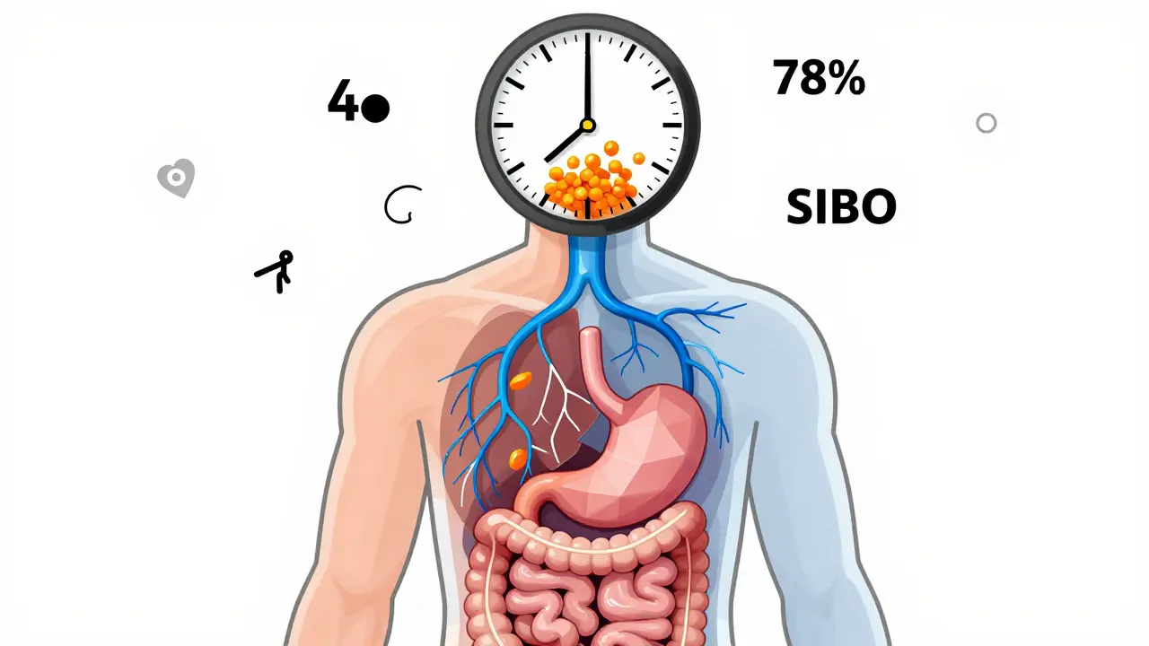 Torso trasparente con stomaco e intestino disfunzionali, simboli geometrici che rappresentano gastroparesi e SIBO.
