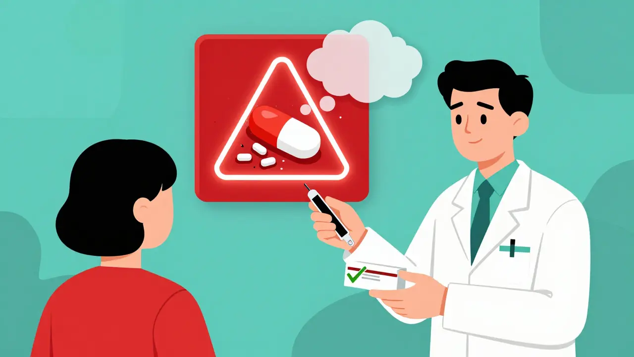 Un farmacista offre un tagliapillole a un paziente, mentre sullo sfondo una compressa tossica si sbriciola.