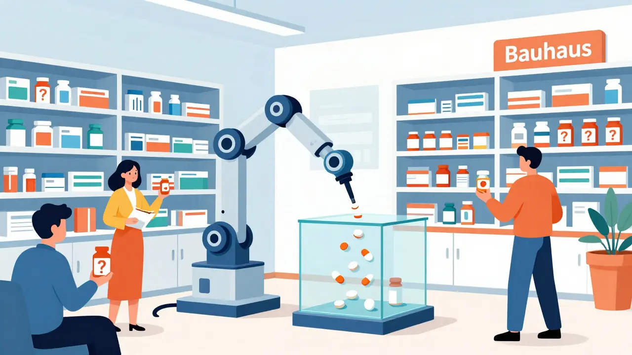 Un robot in una farmacia italiana divide compresse con precisione, mentre pazienti osservano con curiosità.