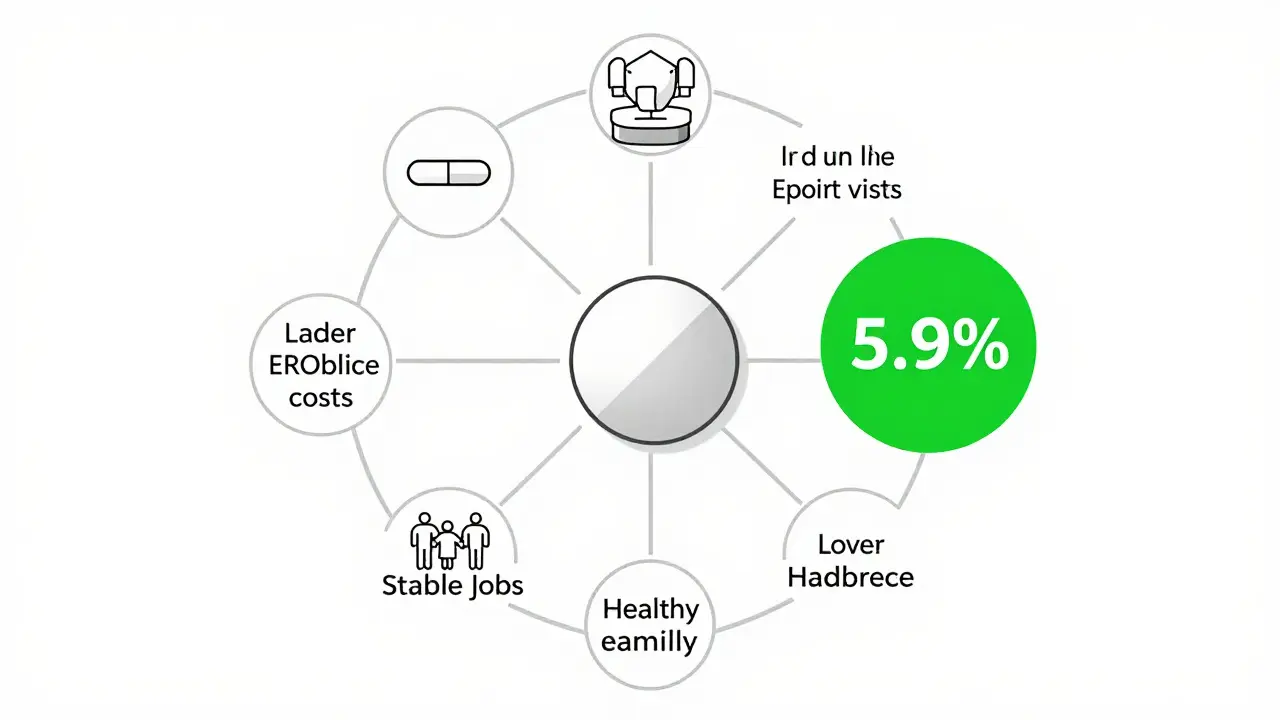 Diagramma circolare che mostra i benefici dei farmaci generici con forme geometriche e linee pulite.