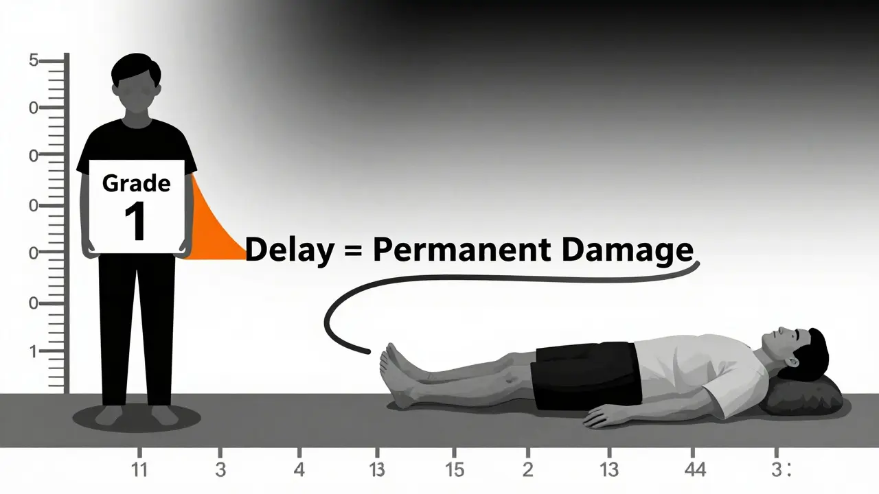 Diagramma geometrico che confronta il danno nervoso precoce e avanzato, in stile Bauhaus.