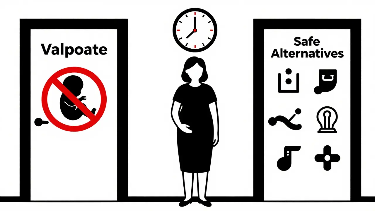 Donna tra due porte simboliche: valproato pericoloso e alternative sicure, in stile Bauhaus minimalista.