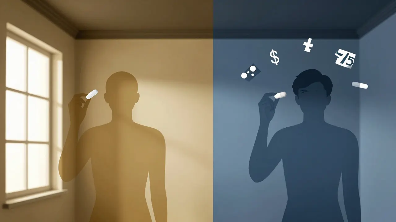 Due pazienti identici, uno con farmaco economico e l'altro con farmaco costoso, in stile geometrico.