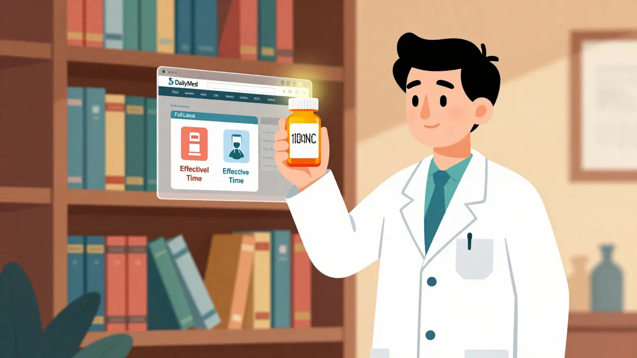 Farmacista con flacone e etichette farmacologiche geometriche su uno scaffale.