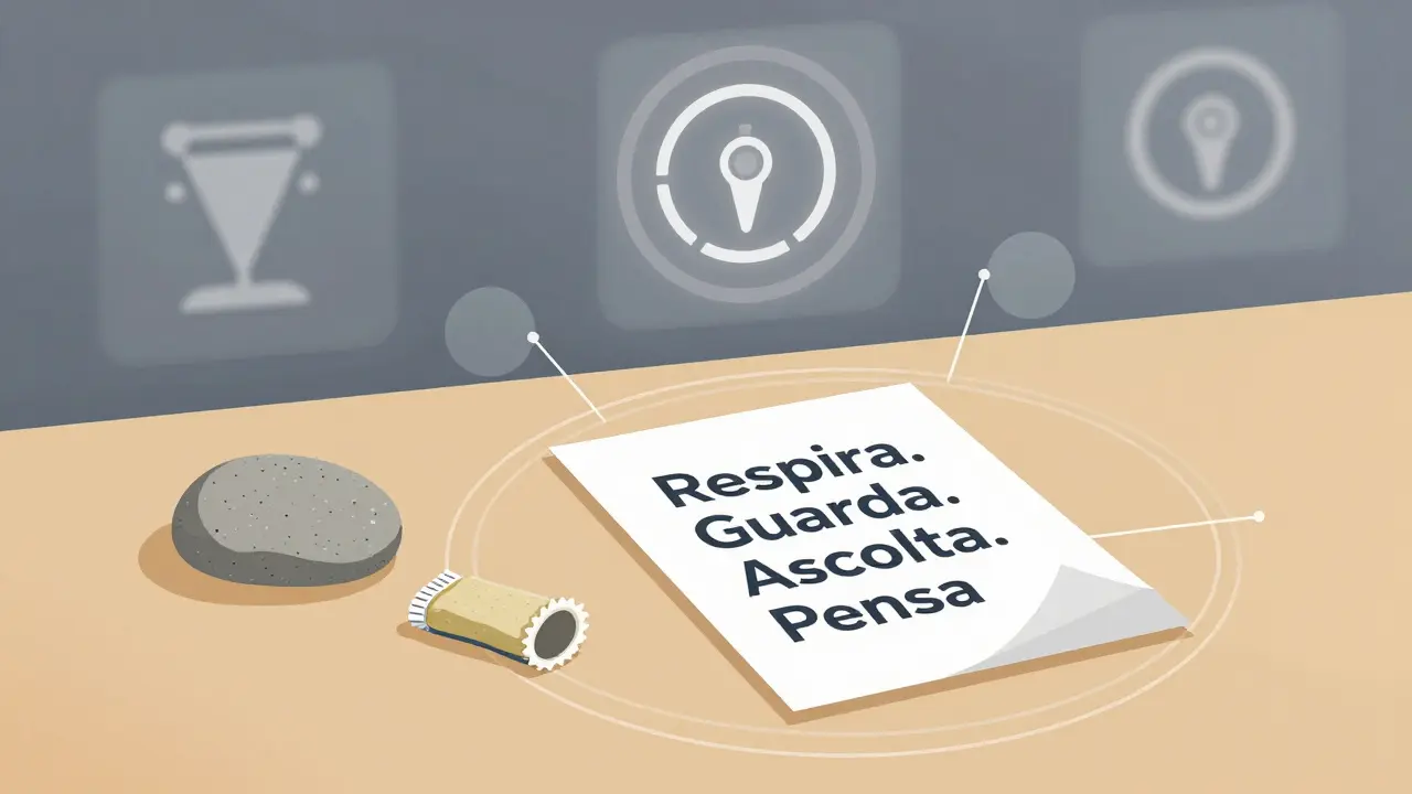 Kit di risposta all'allarme con pietra, gomma e foglietto, circondato da auree di calma.