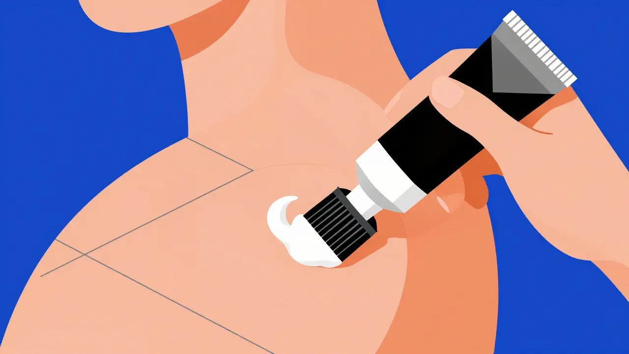 Mano applica crema su pelle geometrica per trattamento