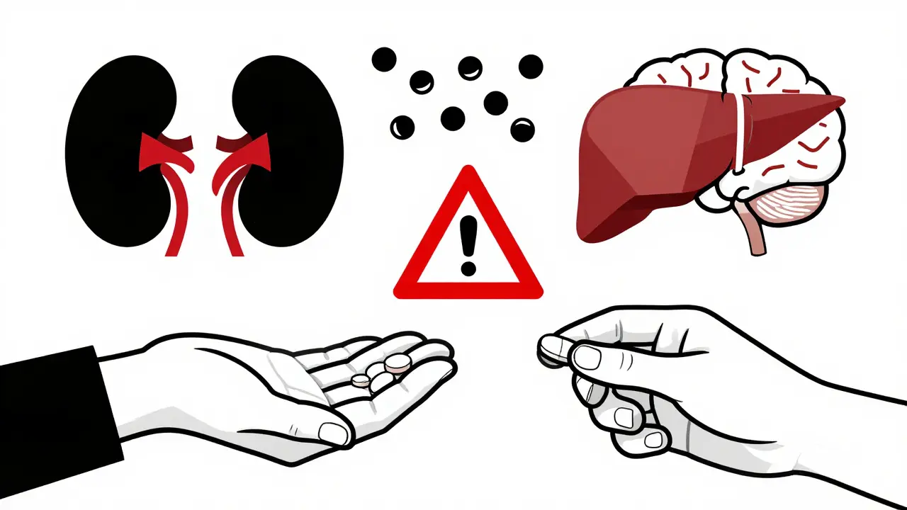 Mano che prende ibuprofeno accanto a litio, con simboli geometrici di interazione farmacologica in stile Bauhaus.