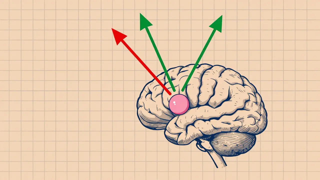 Modello geometrico del cervello con un tumore pituitario che disturba gli ormoni in stile Bauhaus.