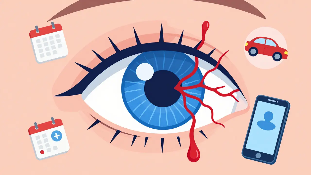 Occhio umano che mostra la differenza tra vasi sanguigni sani e danneggiati dal diabete.
