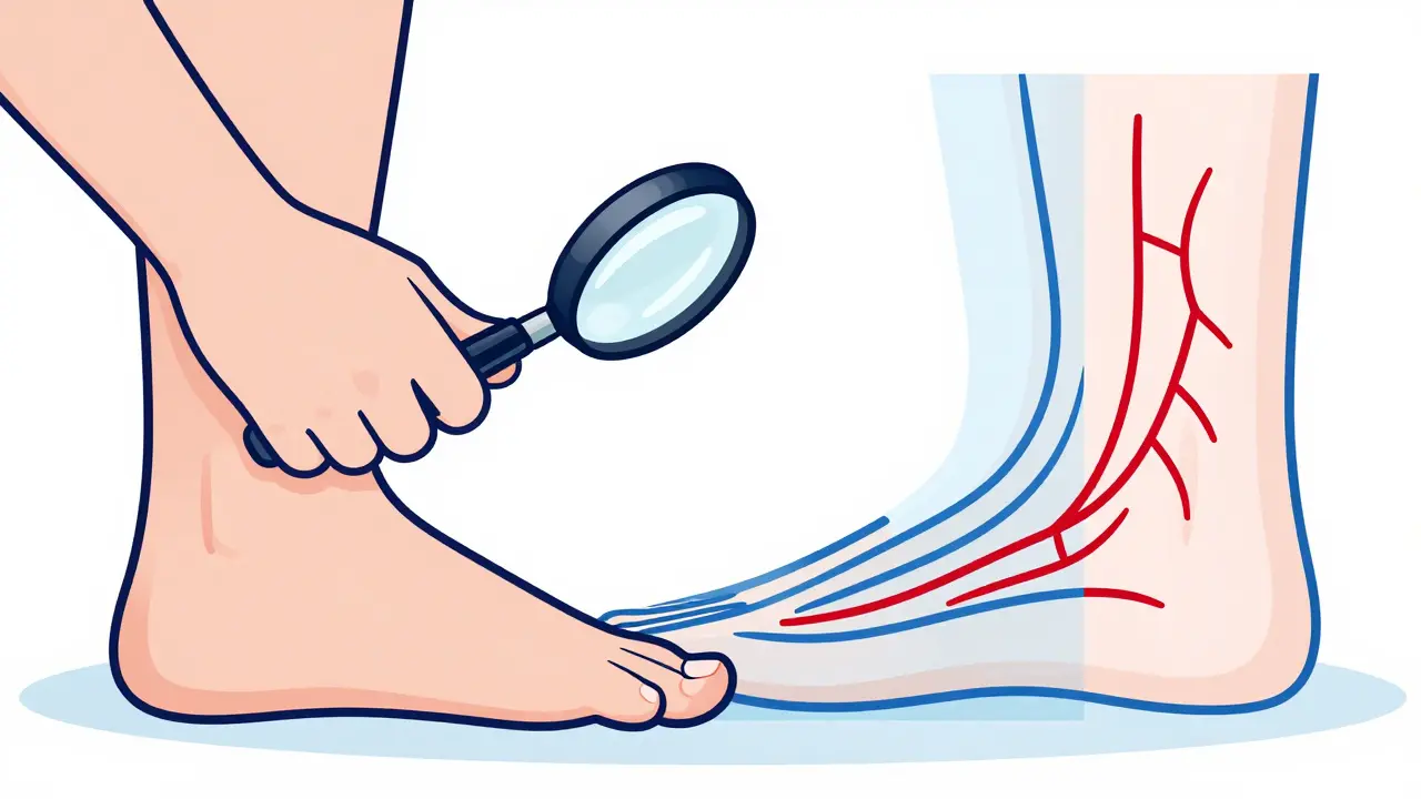 Paziente che esamina i nervi danneggiati nei piedi con una lente, in stile Bauhaus.