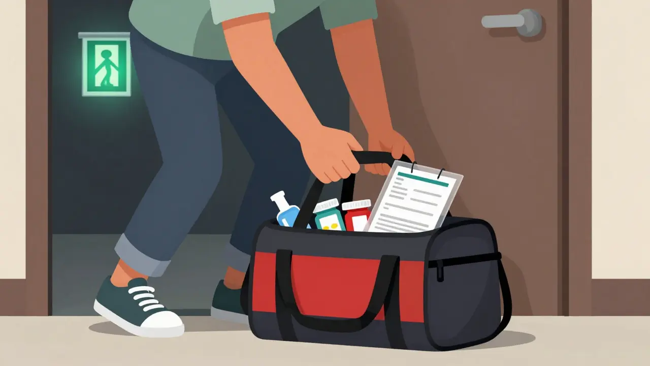 Persona che chiude una borsa di emergenza accanto a una porta durante un'evacuazione.