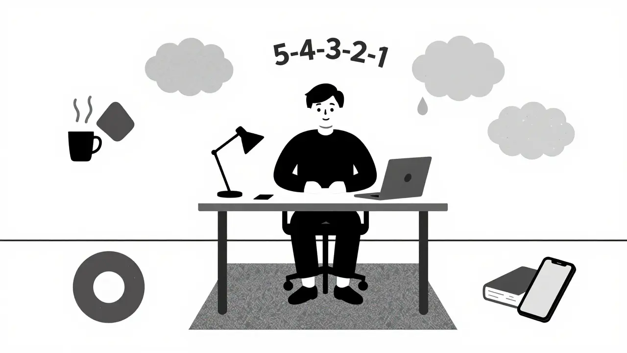 Persona che usa la tecnica dei 5 sensi con oggetti geometrici e segnali sensoriali in stile Bauhaus.