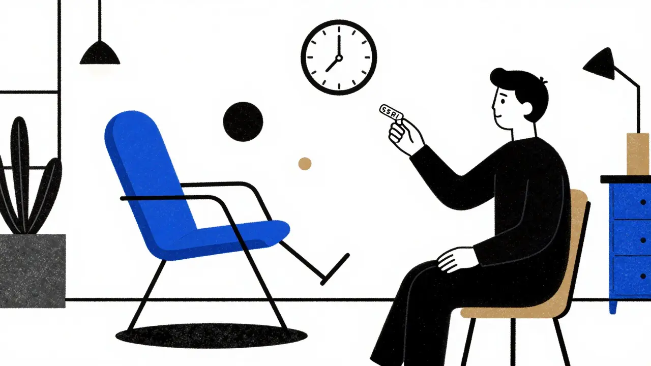 Persona silhouettata che raggiunge una sedia di terapia geometrica mentre tiene una pillola, in uno stile Bauhaus minimalista.