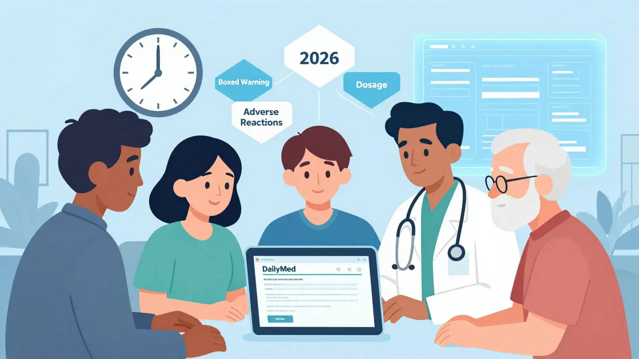 Professionisti medici che esaminano sezioni DailyMed come piani geometrici trasparenti.