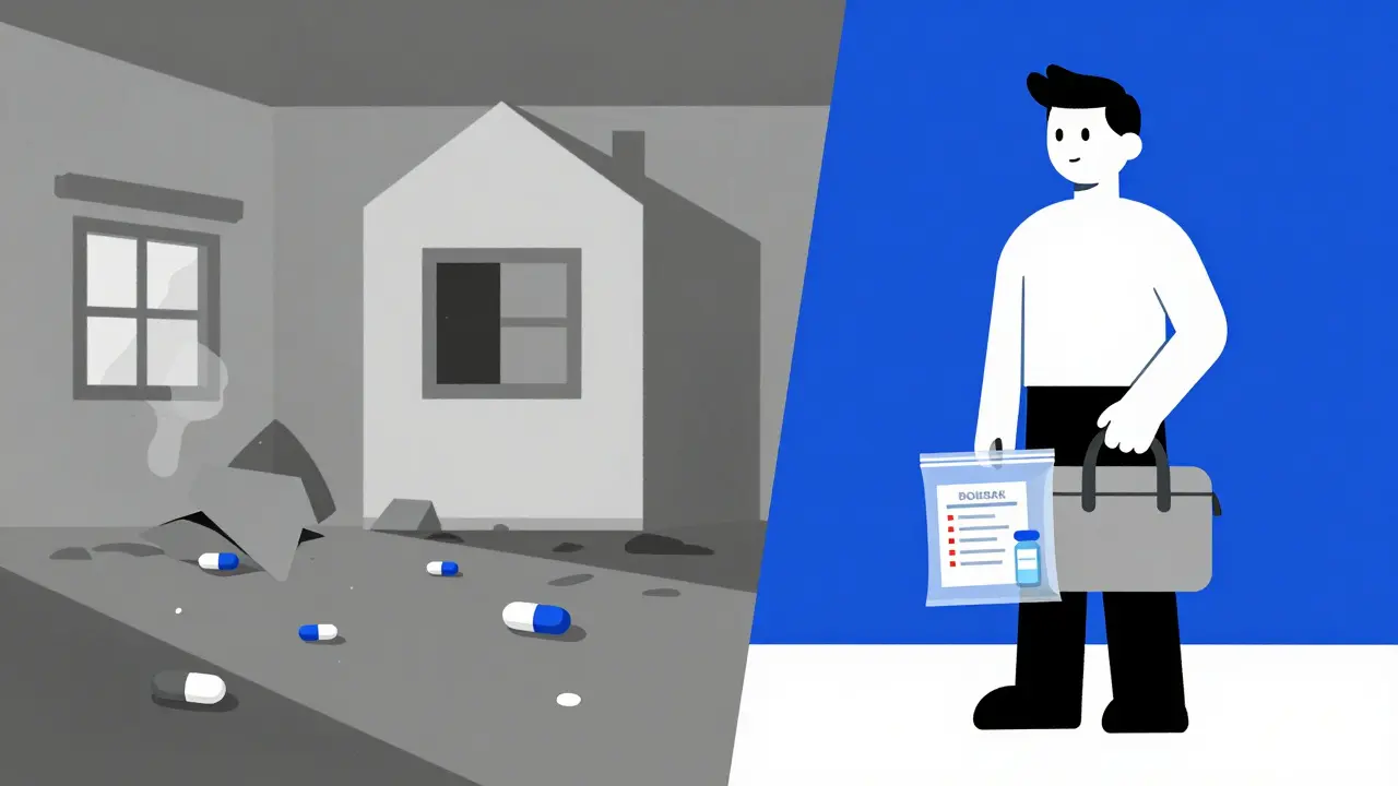 Scena divisa: casa allagata a sinistra, borsa di emergenza sicura a destra.