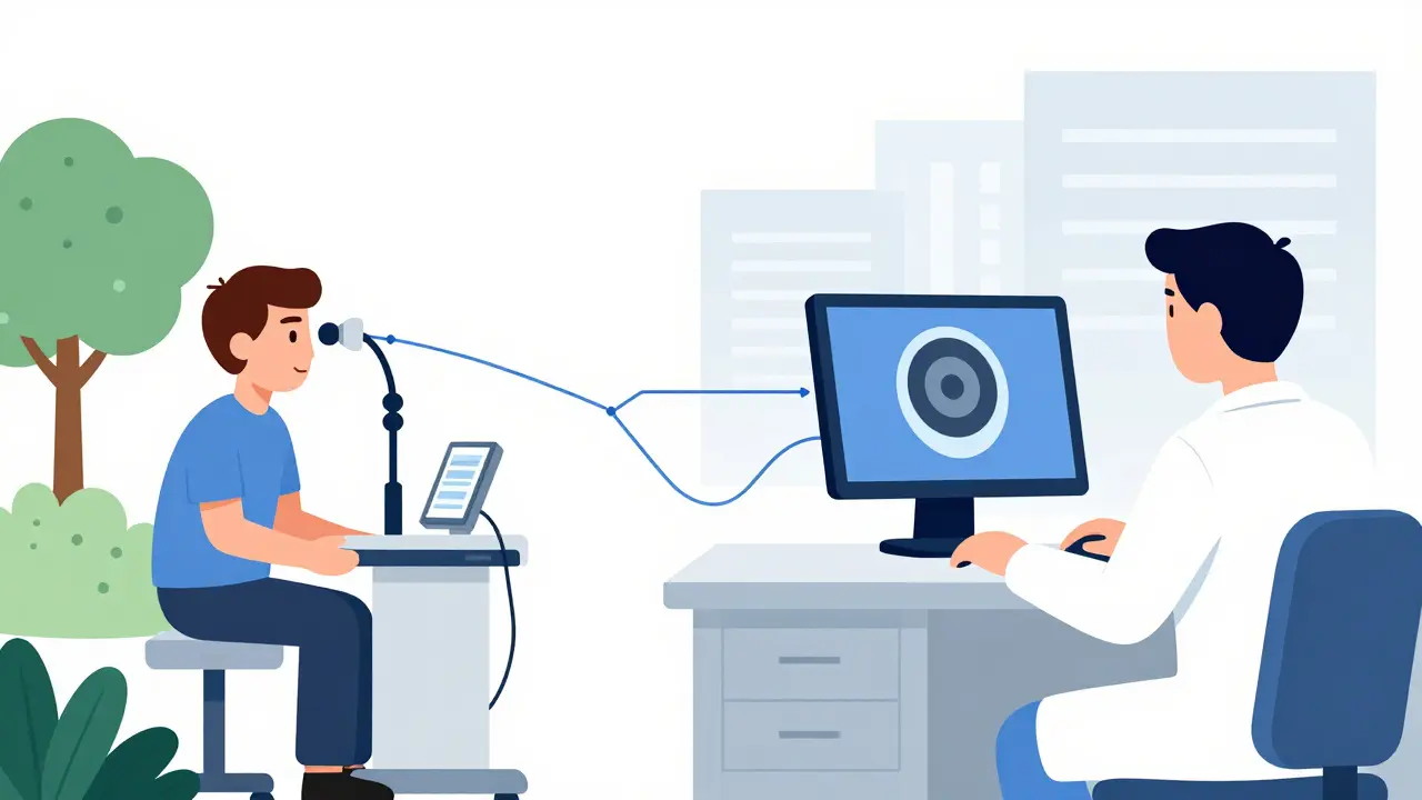 Telemedicina: uno specialista analizza un esame retinico da lontano, collegato a una clinica rurale.