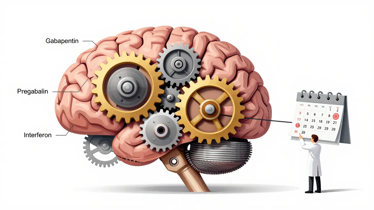 Cervello meccanico a ingranaggi che rappresenta i diversi tempi di insorgenza dei farmaci, in stile Bauhaus minimalista.