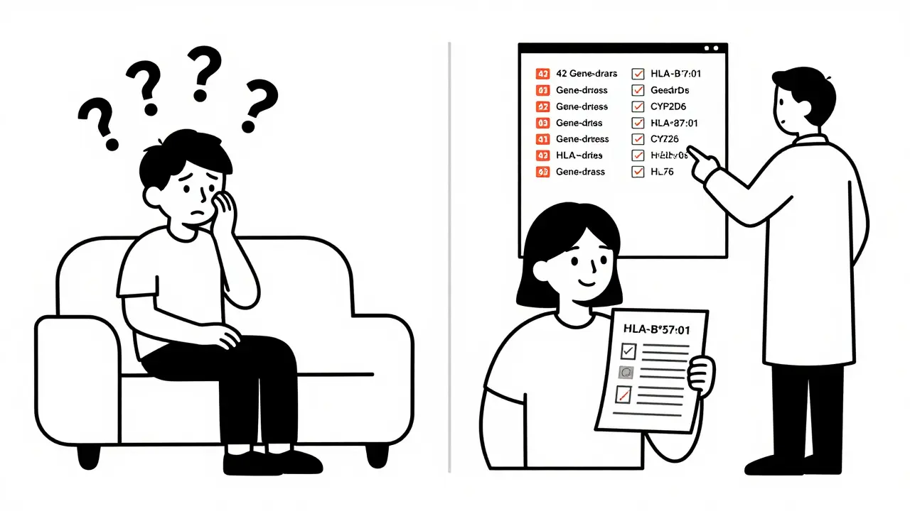 Confronto tra paziente frustrato e paziente soddisfatto con rapporto genetico in stile Bauhaus.