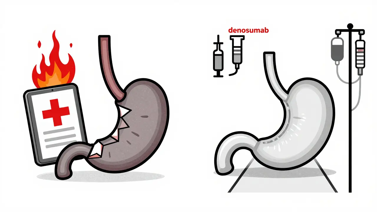 Confronto tra rischio e sicurezza nell'assunzione di bisfosfonati, in stile Bauhaus.
