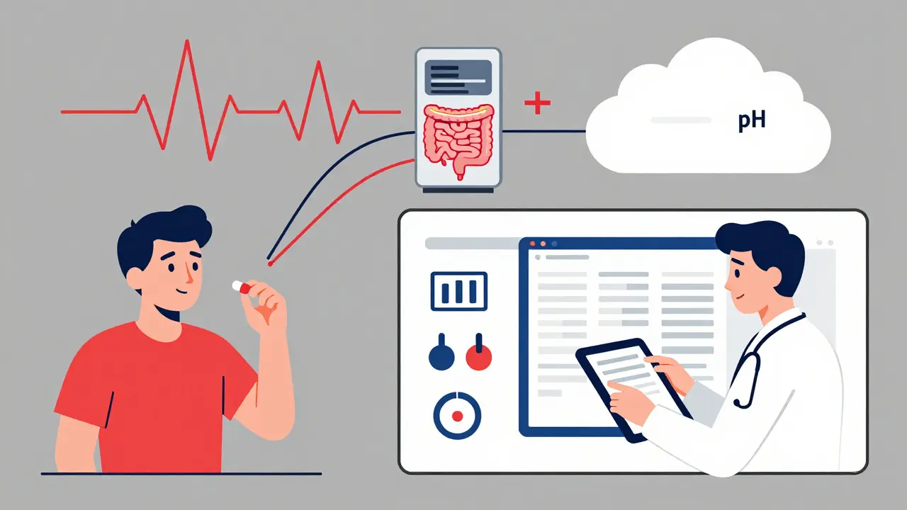Dati fisiologici visualizzati come forme geometriche che fluiscono verso un server, mentre un medico li analizza su un tablet.