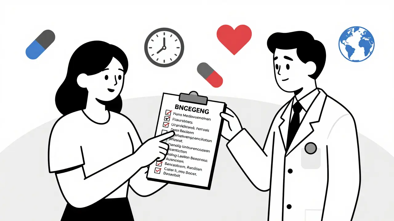 Donna in pronto soccorso mostra lista farmaci a un medico con icone mediche geometriche.