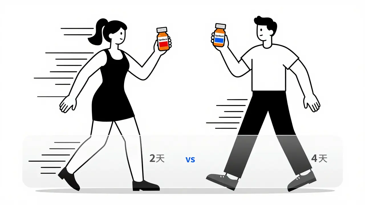 Due figure umane con linee di velocità che mostrano differenze temporali negli effetti collaterali della ciprofloxacina tra donne e uomini.