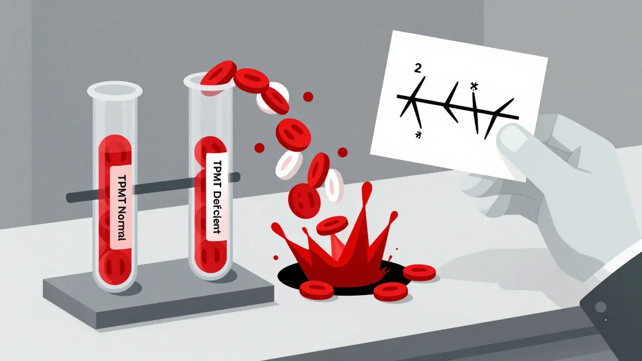 Due provette in laboratorio che rappresentano il metabolismo dell'azatioprina: uno normale e uno con collasso delle cellule del sangue.