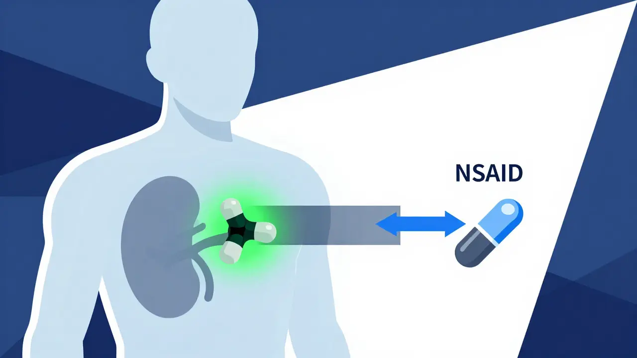 Molecole di farmaci che interagiscono su un recettore, con flusso sanguigno renale ridotto da un NSAID.