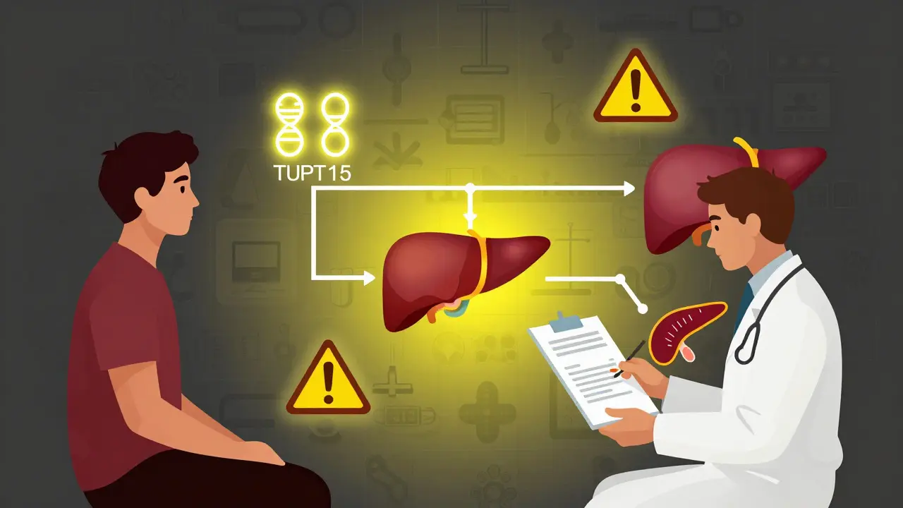 Paziente e medico con report genetico che mostra i geni TPMT e NUDT15 collegati al midollo osseo e ad altri organi a rischio.