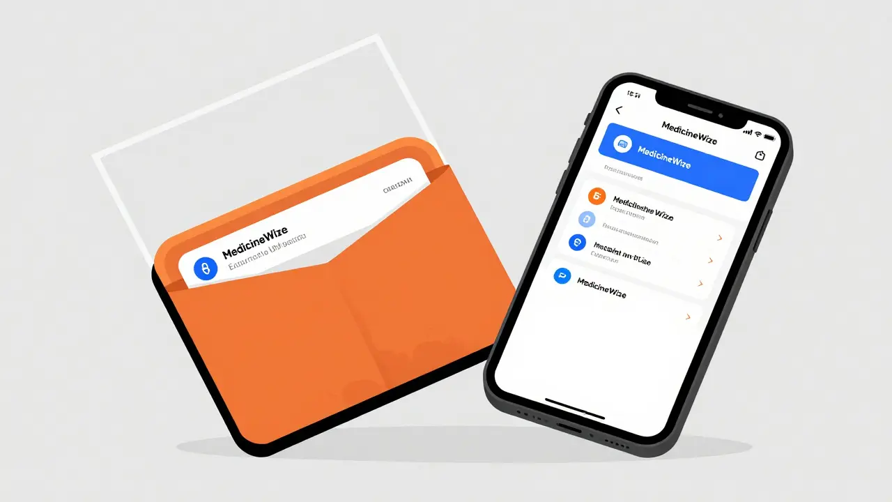 Portafoglio con lista farmaci stampata e app sullo smartphone in stile Bauhaus.