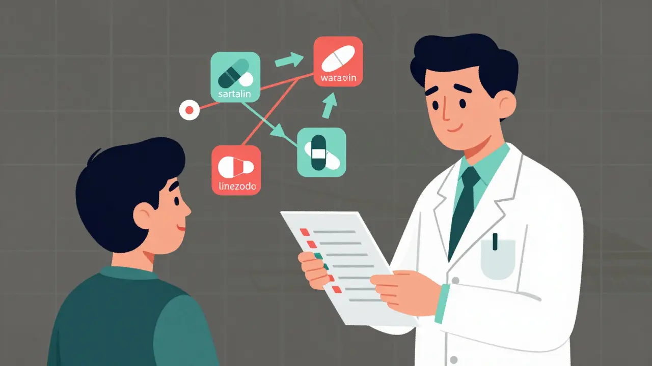 Un farmacista esamina interazioni tra farmaci con icone geometriche e linee di allarme rosso.