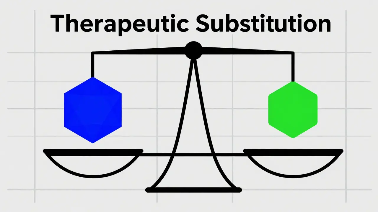 Bilancia astratta in stile Bauhaus che mostra l'equivalenza tra due molecole diverse.