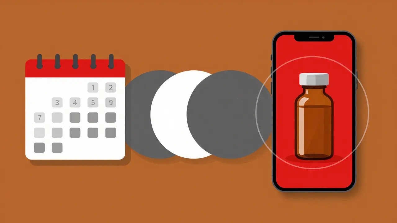 Composizione Bauhaus con un flacone di vetro ambrato e elementi di un calendario per l'organizzazione dei farmaci.