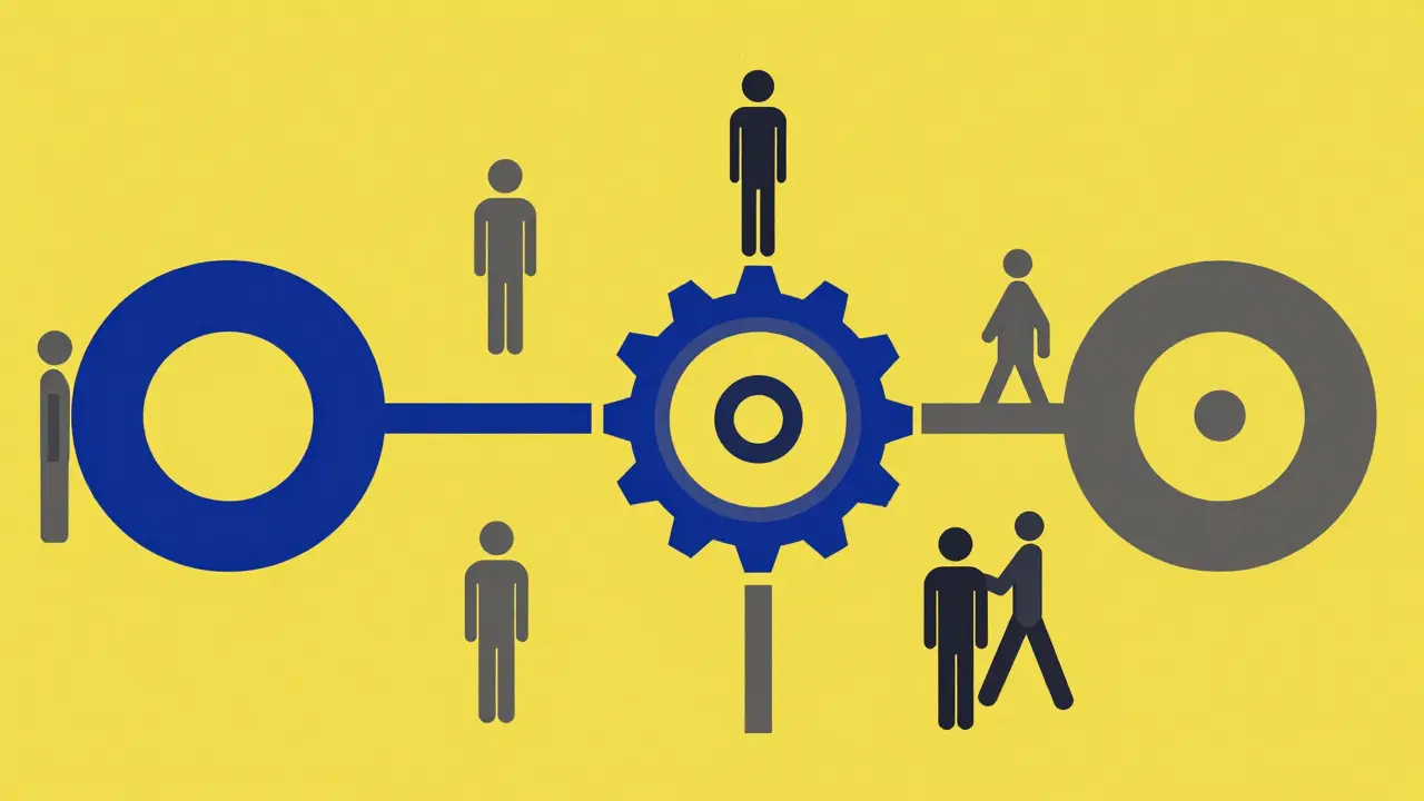 Diagramma astratto in stile Bauhaus che rappresenta l'analisi della causa radice di un guasto meccanico.
