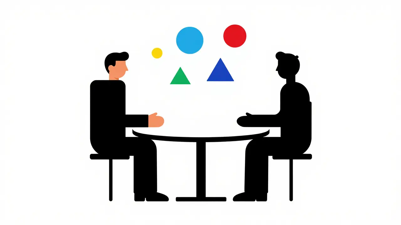 Figure geometriche in stile Bauhaus che rappresentano il dialogo tra medico e paziente.