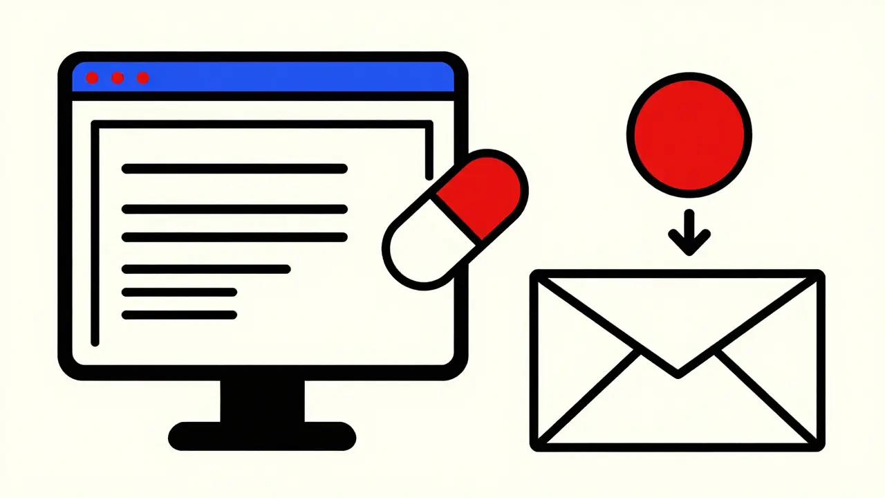 Icone geometriche in stile Bauhaus che rappresentano l'acquisto di farmaci online.