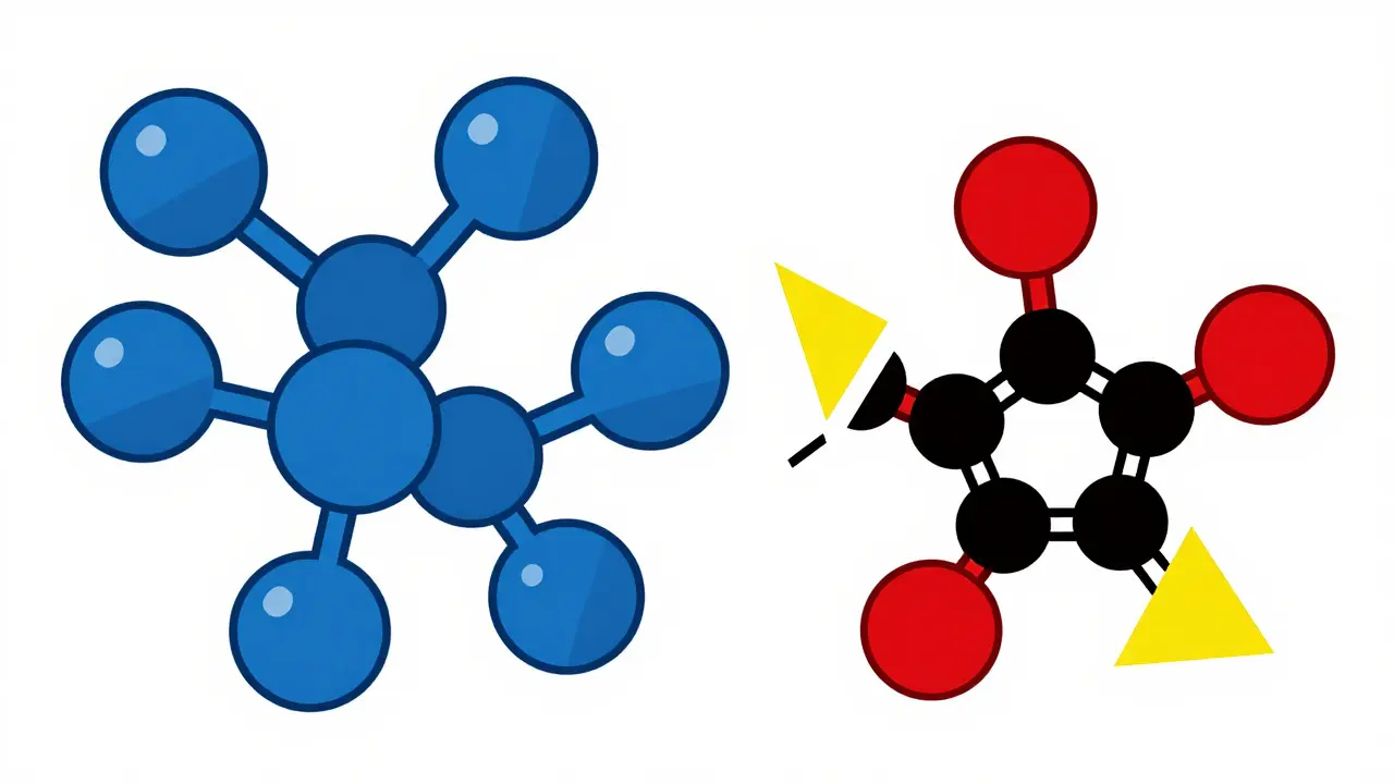 Rappresentazione astratta Bauhaus di una proteina che si decompone in forme geometriche colorate.
