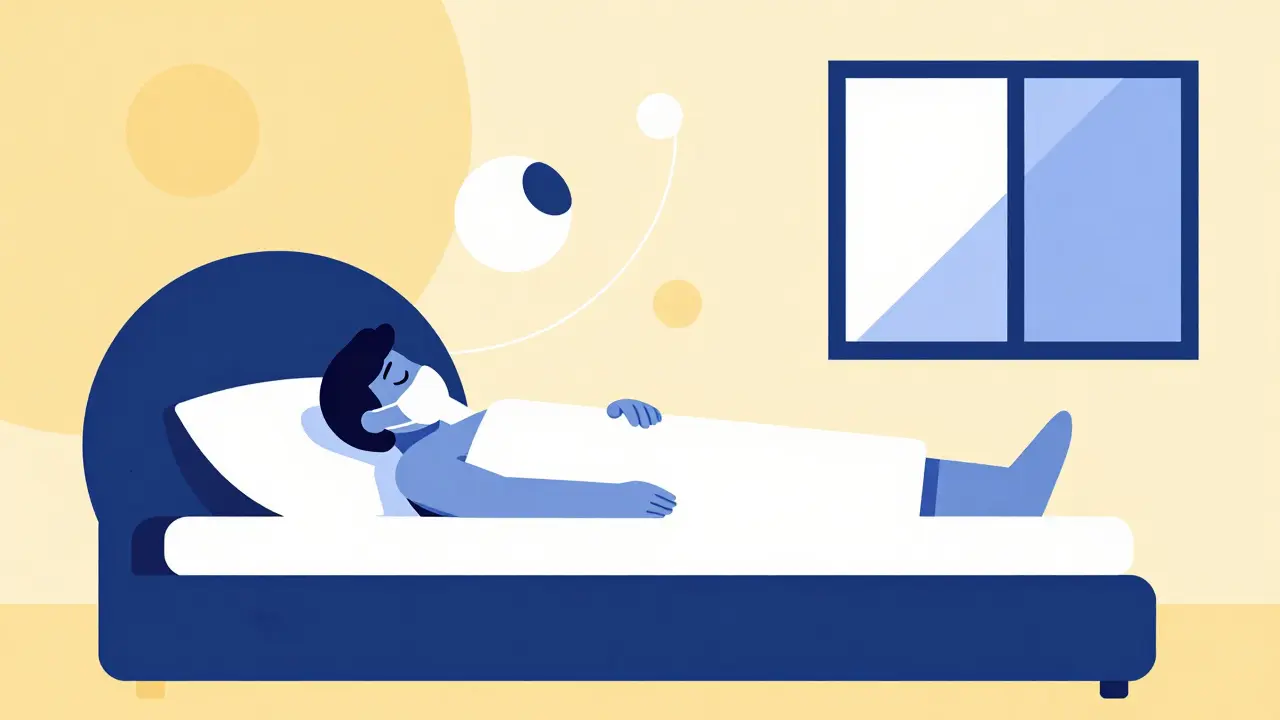 Scena minimalista in stile Bauhaus di una persona che dorme serenamente con una maschera CPAP.