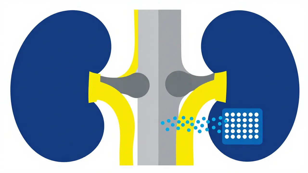 Schema astratto in stile Bauhaus che rappresenta la ritenzione idrica nei reni.