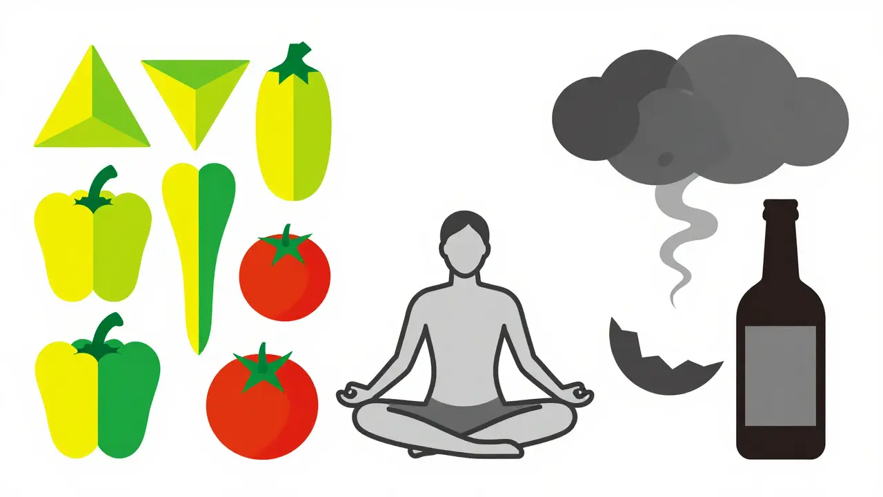 Cibi sani e postura yoga contrapposti a fumo e alcol in stile Bauhaus astratto.