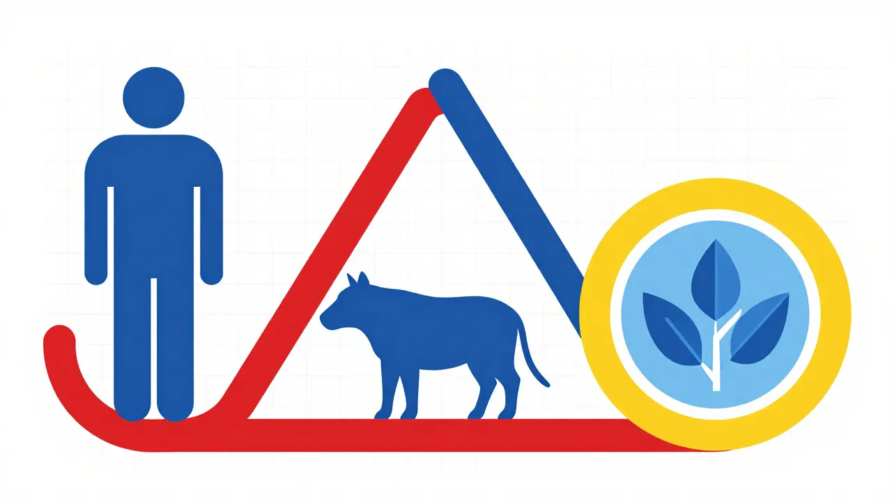 Figure geometriche collegate che rappresentano salute umana, animale e ambientale