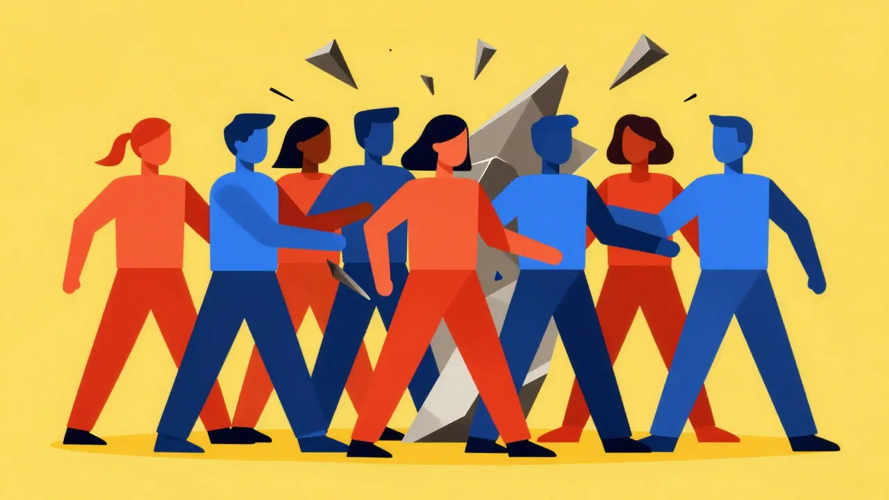 Illustrazione Bauhaus: gruppo unito di figure geometriche che supera le barriere dello stigma con colori vivaci.