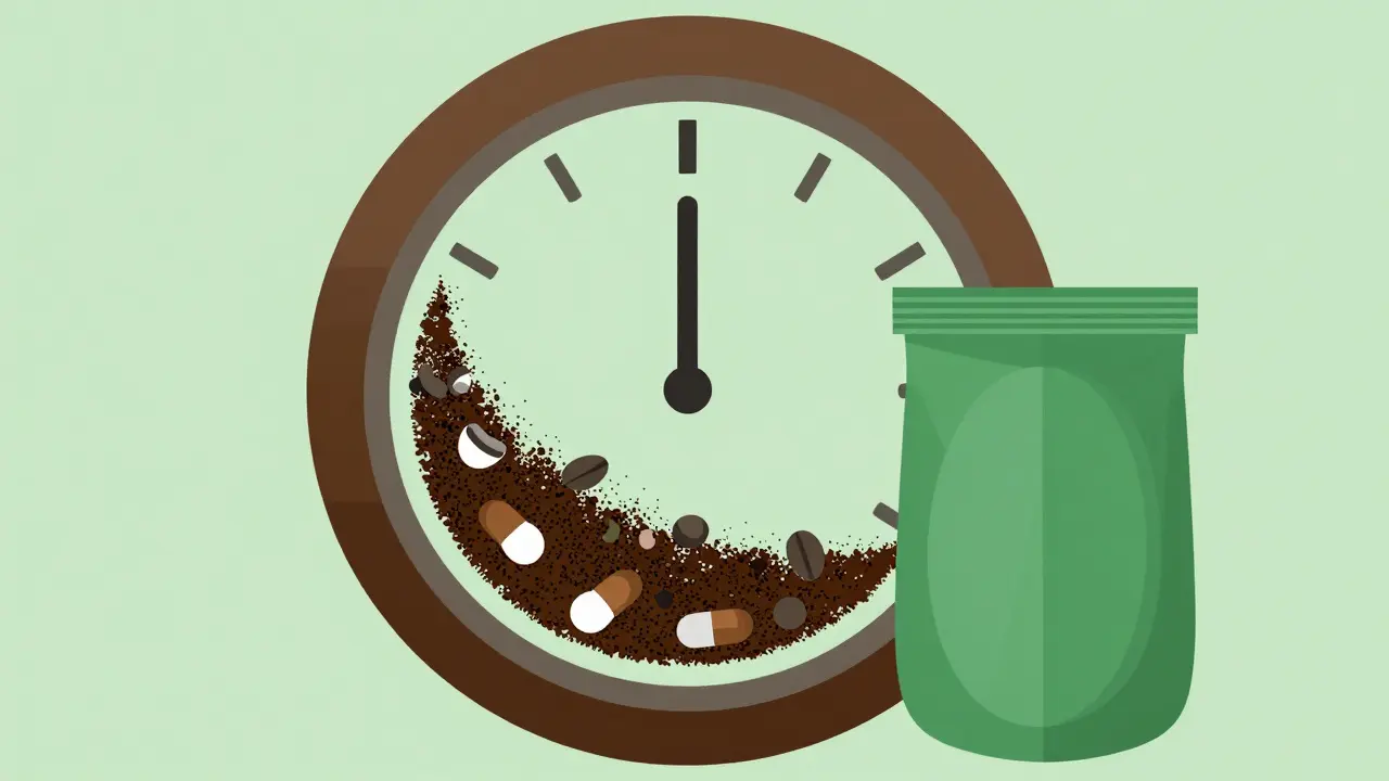 Illustrazione stilizzata dello smaltimento sicuro dei farmaci con fondi di caffè