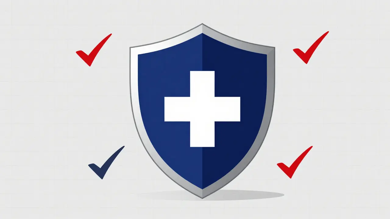 Scudo geometrico blu e argento con croce medica per la sicurezza