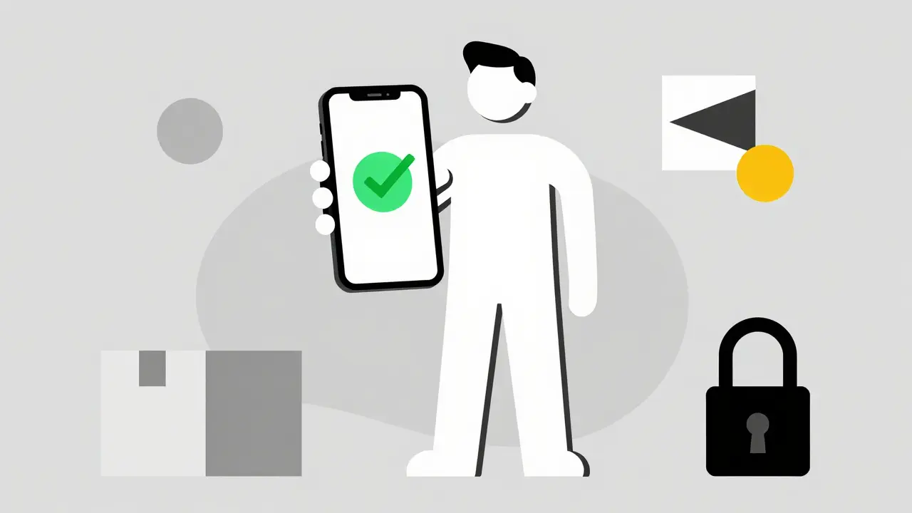 Stile Bauhaus: figura astratta con smartphone sicuro per farmacie online verificate