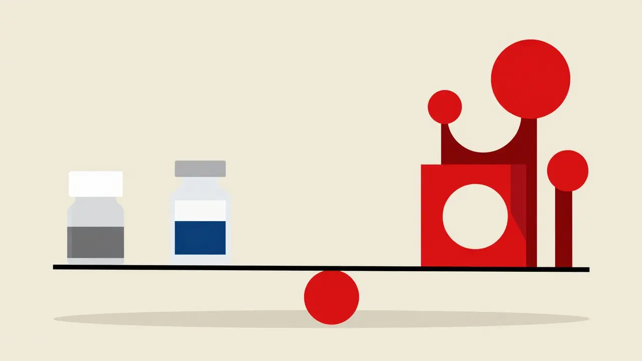 Confronto stilizzato tra farmaci generici economici e marchi costosi in stile Bauhaus